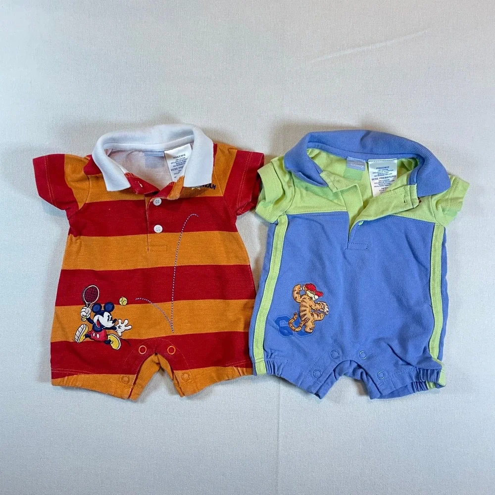 Vintage Disney Mickey Mouse Polo Romper Orange Red Striped Baby -‎ Size Preemie